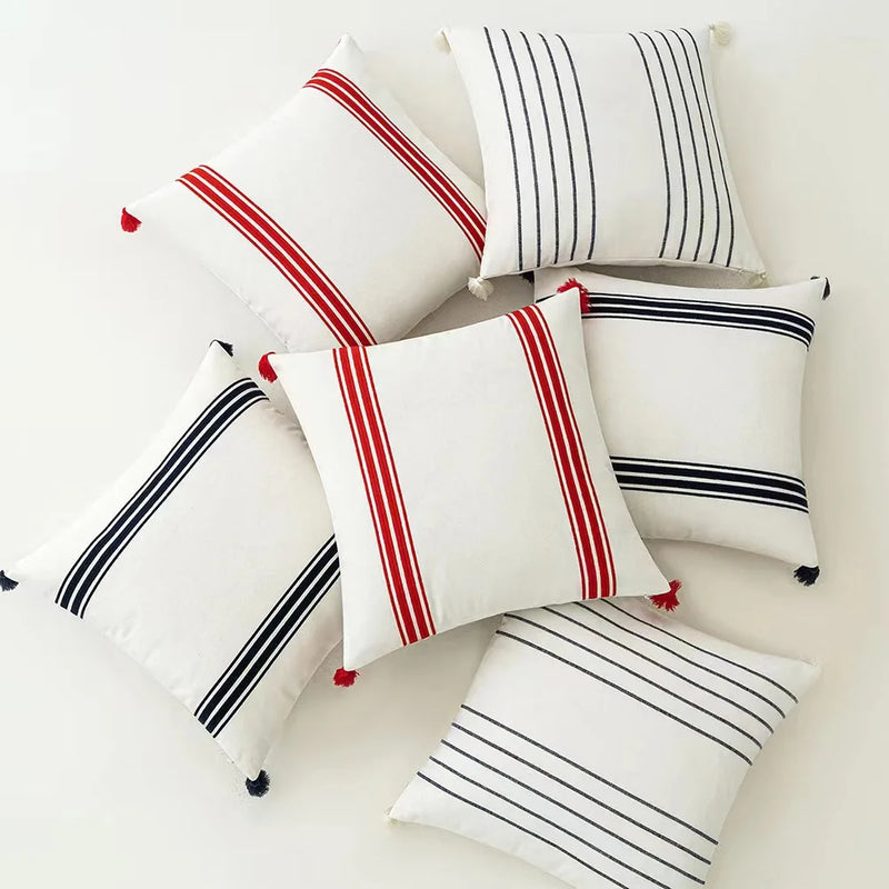 Afralia™ Striped Pillow Cover 45x45cm Black Red Navy Tassels Cotton Cushion Sofa Bed