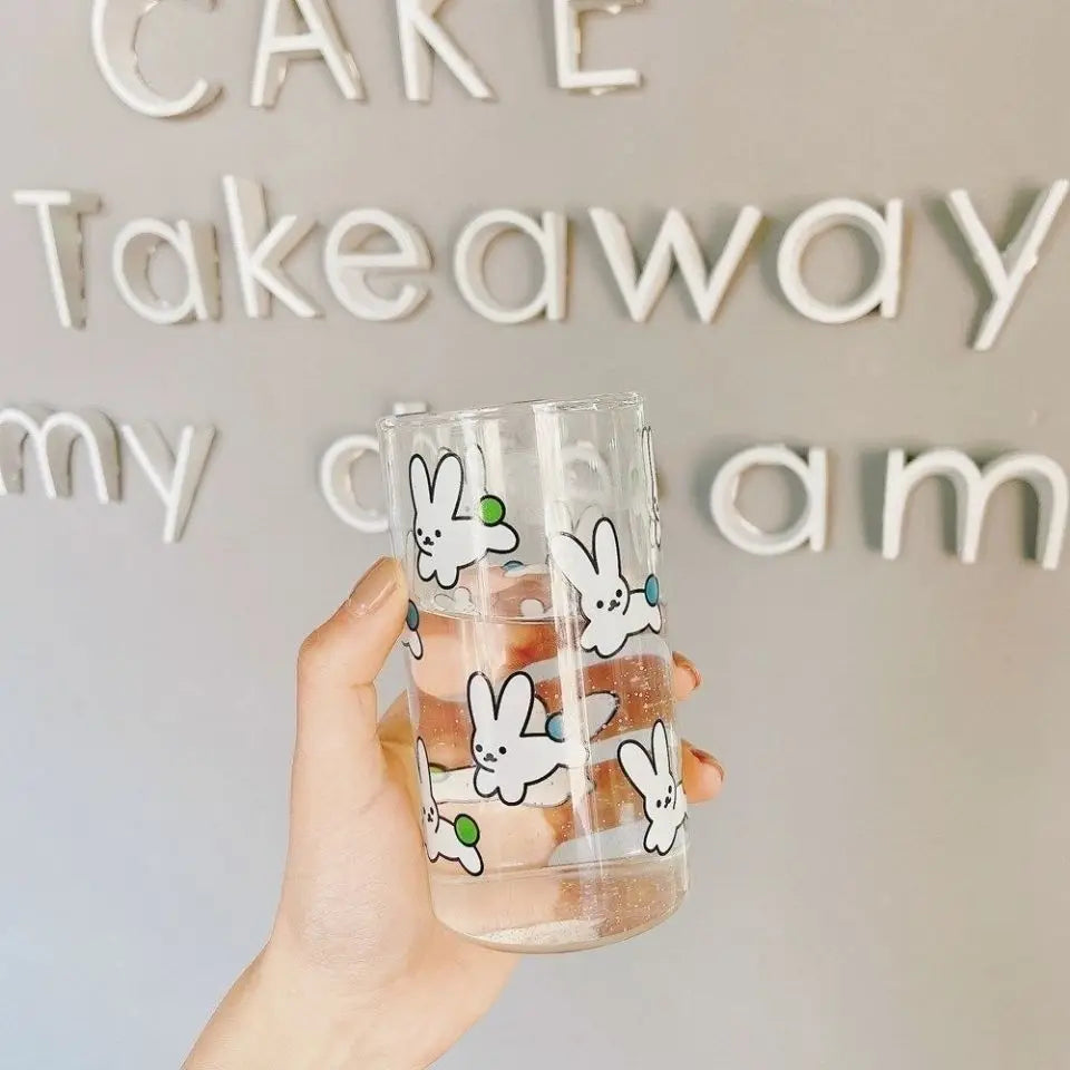 Afralia™ Rabbit Pattern Glass Breakfast Milk Oats Cup Couple Water Cups