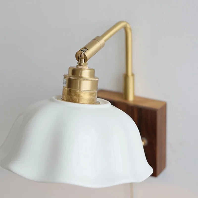 Afralia™ Nordic LED Wall Light with Pull Chain Switch, Rotatable Design in Walnut Copper & Ceramic