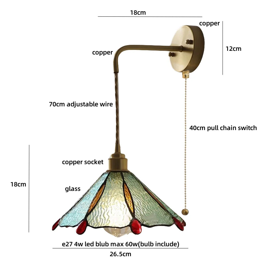 Afralia™ Tiffany Glass Adjustable LED Wall Sconce with Pull Chain Switch