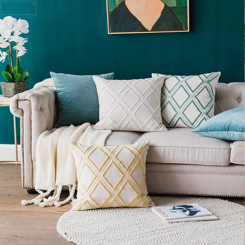 Afralia™ Geometric Embroidery Cushion Cover Navy Blue White Yellow 50x50cm Home Decor Pillow