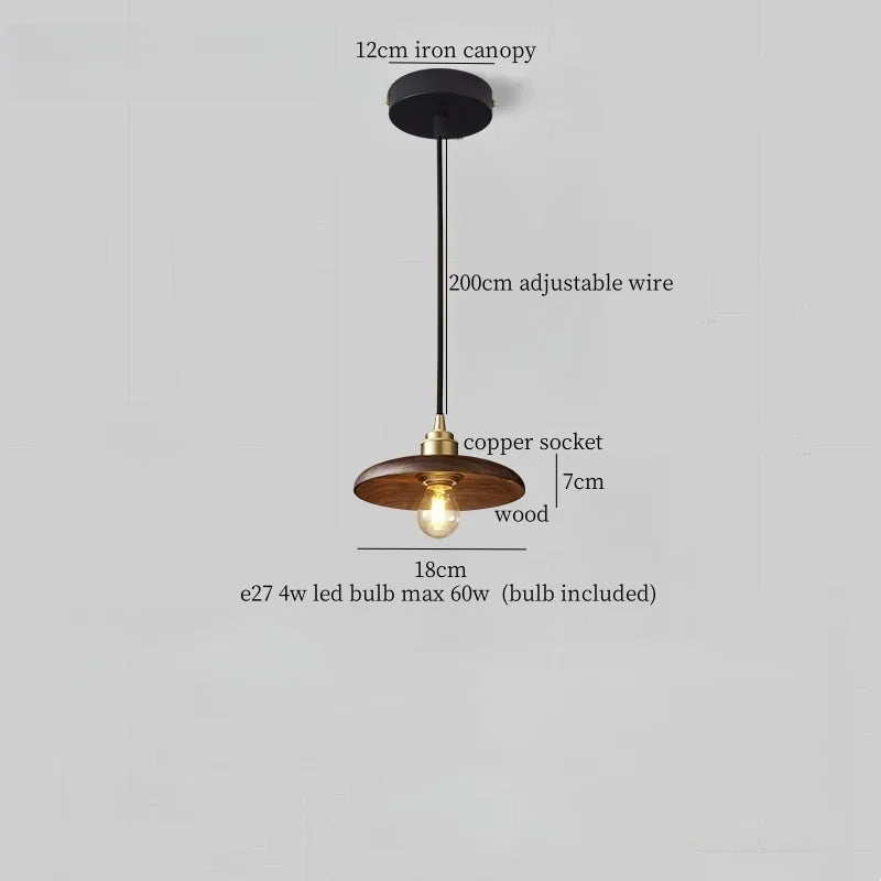 Afralia™ Japanese LED Pendant Light Vintage Style Wood Copper Hanging Lamp