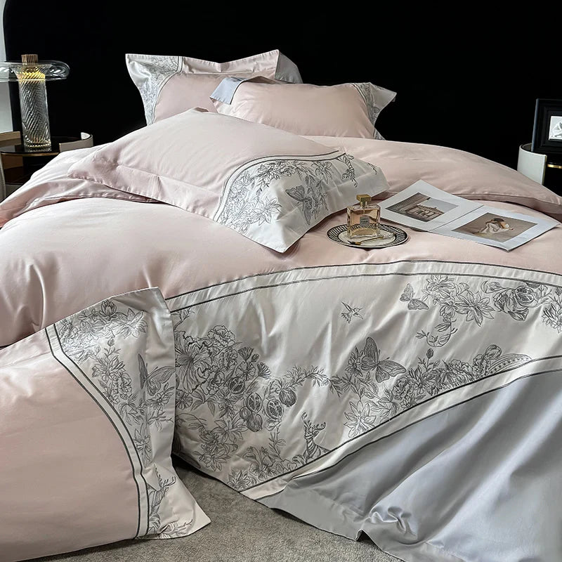 Afralia™ Luxe Butterfly Flowers Embroidery Bedding Set with Duvet Cover Sheet Pillowcases 4Pcs