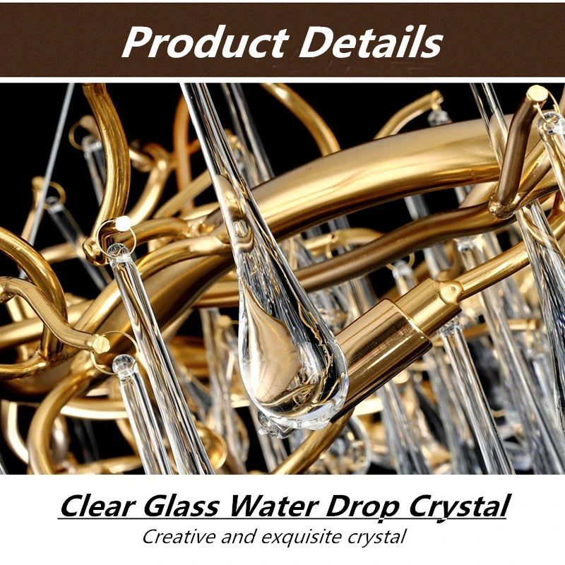 Afralia™ Elegant Gold Metal Branch Chandelier with Glass Water Drop Crystals