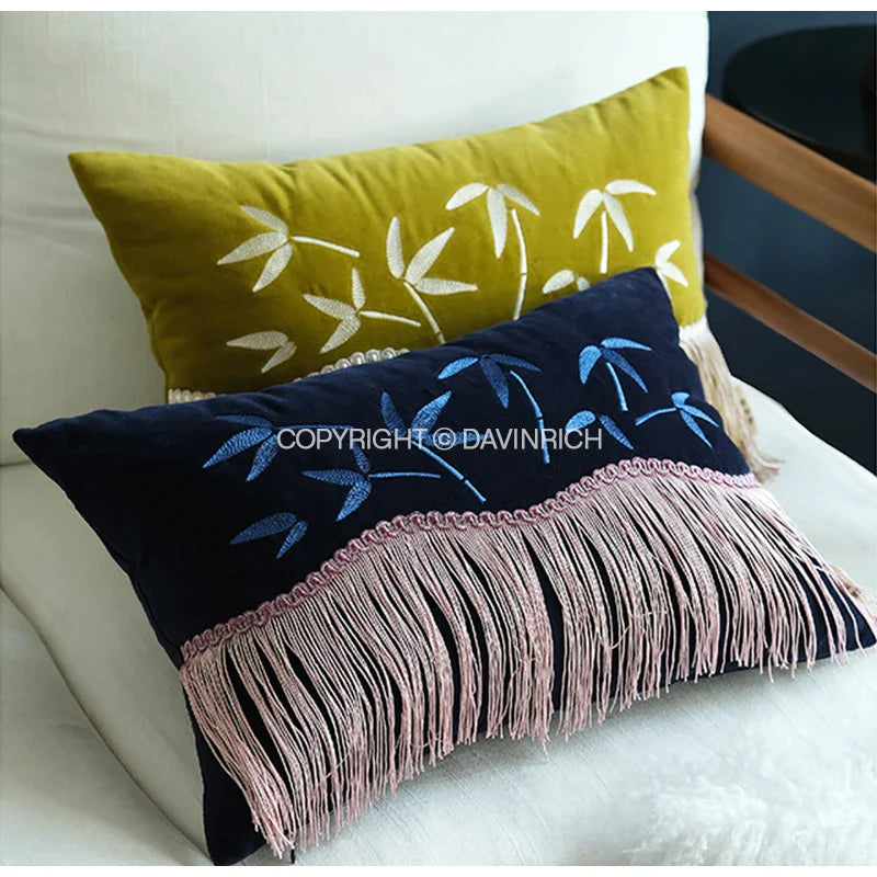 Afralia™ Bamboo Embroidered Fringed Velvet Lumbar Pillow Cover 30x50cm Luxurious Artistic Oriental Style