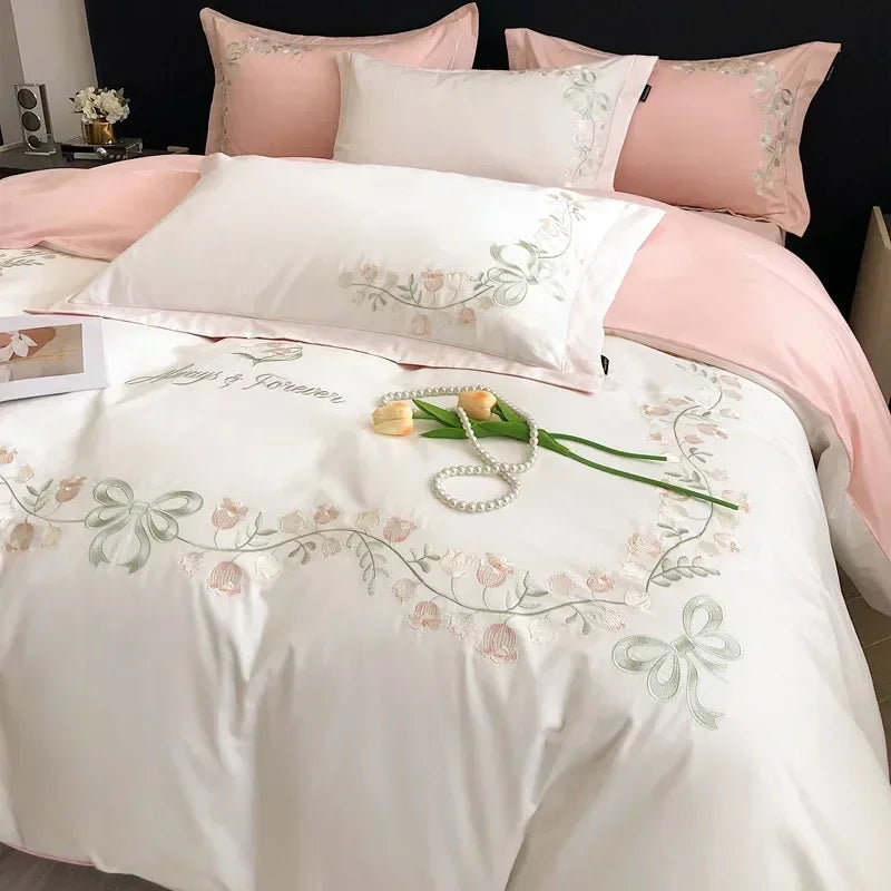 Afralia™ Flower Embroidery Cotton Duvet Cover Set, Queen/King Size Bedding Set with Sheets