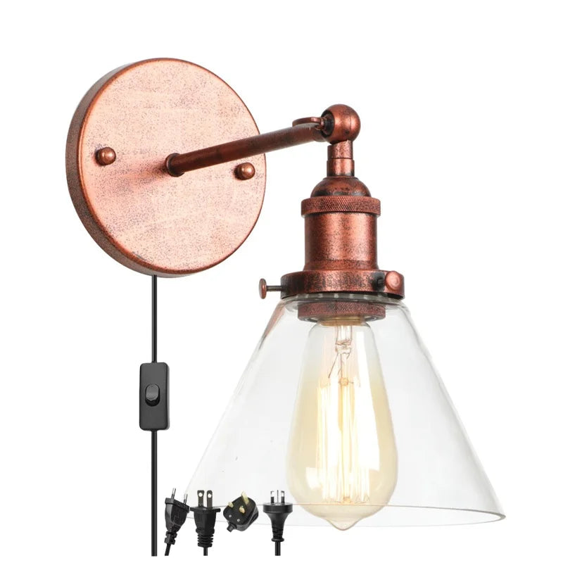 Afralia™ Clear Glass Iron LED Wall Sconce Rustic Industrial Vintage Plug In Light