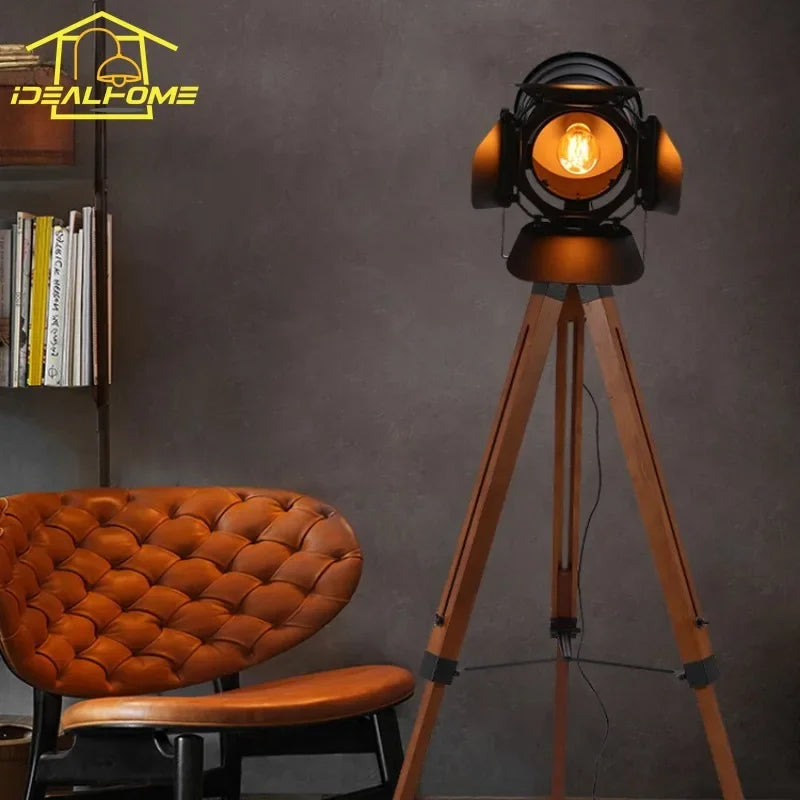 Afralia™ Vintage Industrial Wood Floor Lamp LED E27 Adjustable Exploration Standing Lamp
