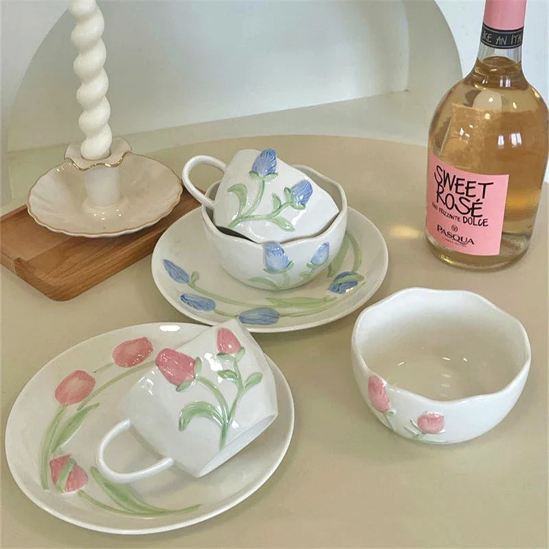 Afralia™ Pink Tulip Ceramic Tea Mug with Cake Plate - Kitchen Accessories