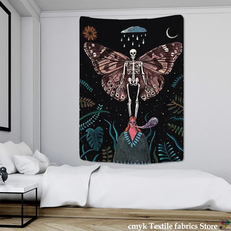 Afralia™ Celestial Moth Tapestry: Moon Phase Flower Mandala Wall Decor