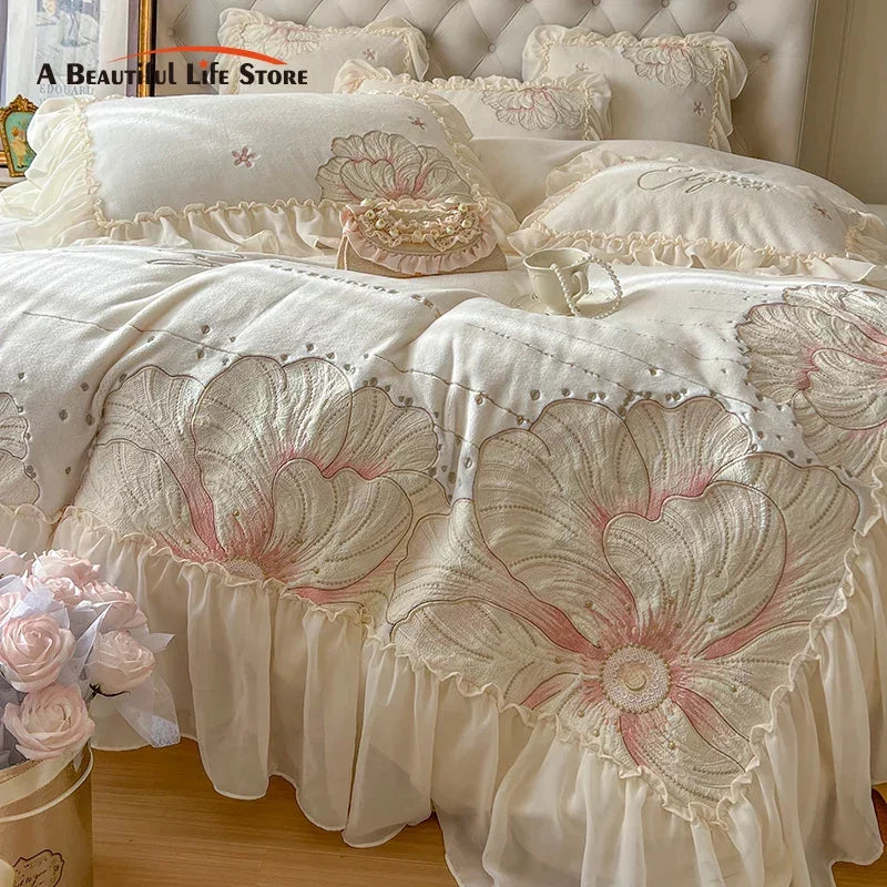 Afralia™ French Princess Wedding Bedding Set, Lace Ruffles, Flowers Embroidery.