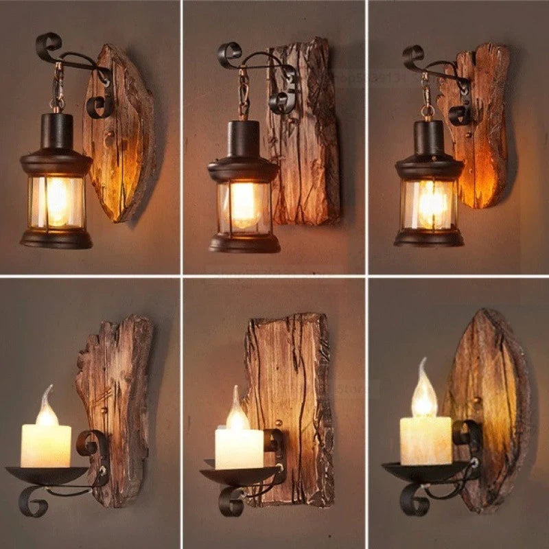 Afralia™ Nordic Wrought Iron Wood Wall Lamps LED Retro Creative Home Lighting