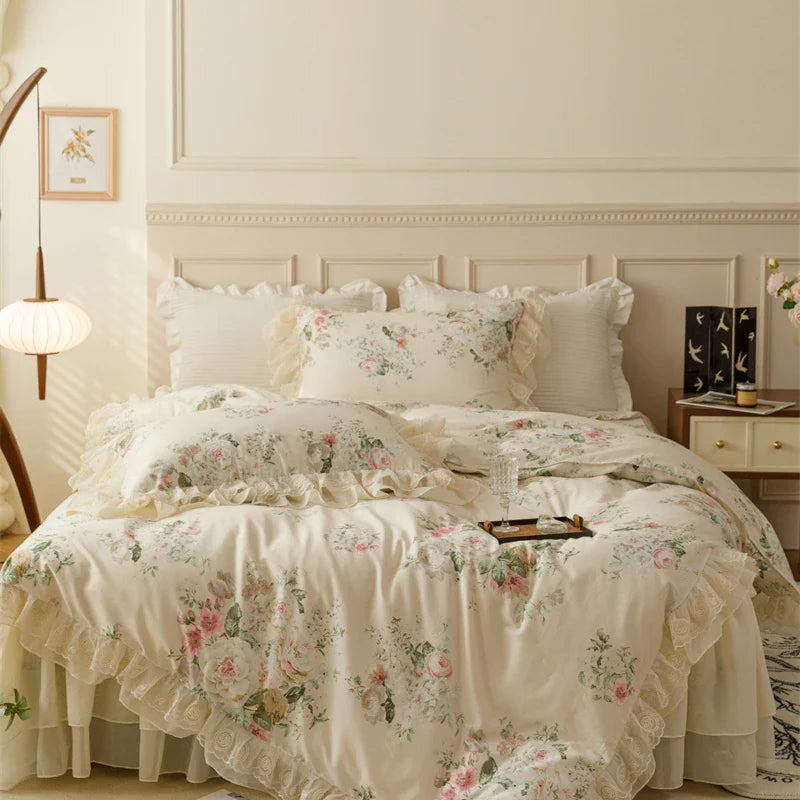 Afralia™ French Country Flowers Print Bedding Set with Lace Ruffles