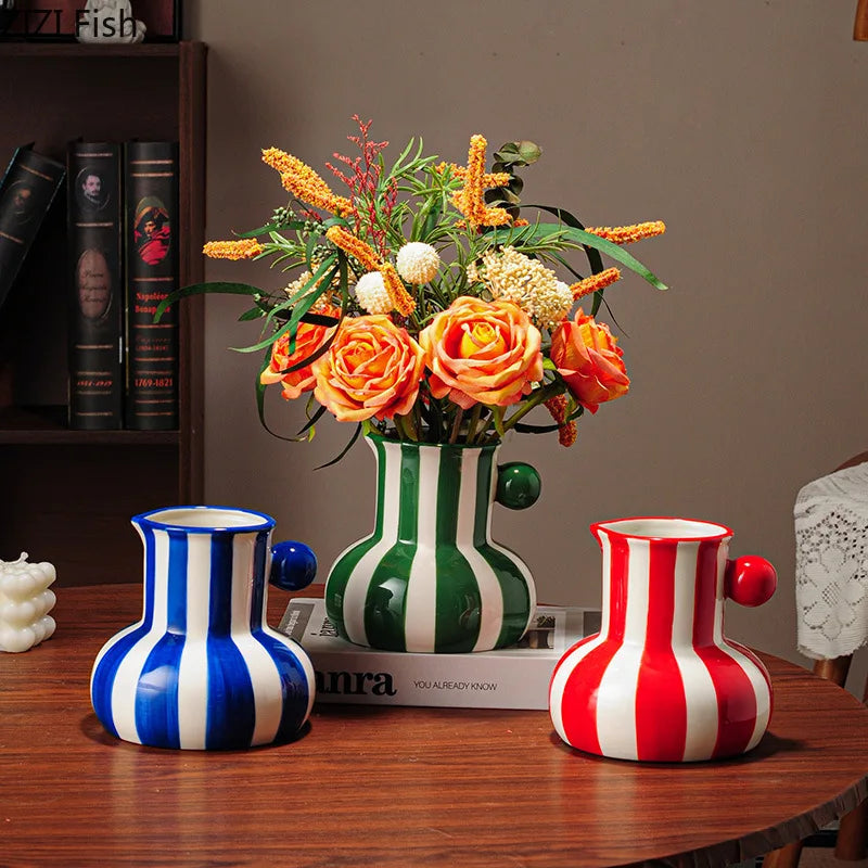 Afralia™ Striped Ceramic Vase for Table Decoration and Flower Arrangement