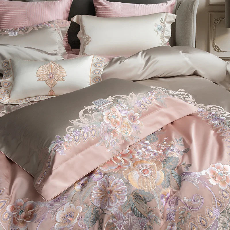 Afralia™ European Palace Style Flowers Embroidery Bedding Set - Duvet Cover, Sheet, Pillowcase