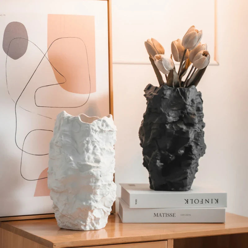 Afralia™ Stone Grain Black White Ceramic Vase for Flower Arrangement Craft Ornaments