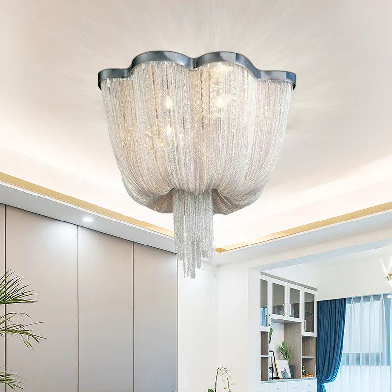 Afralia™ Chrome Art Luxury Chain Tassel LED Ceiling Lamp