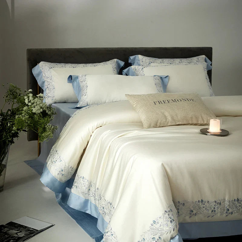 Afralia™ Silky Eucalyptus Cotton Embroidery Bedding Set with Duvet Cover, Sheet, Pillowcases