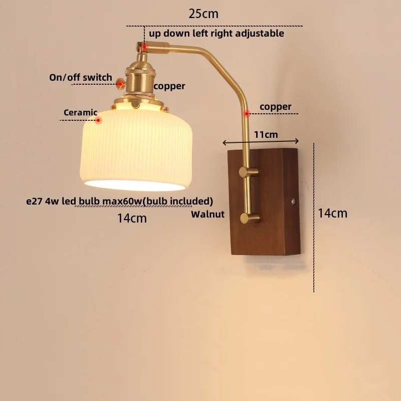 Afralia™ Walnut Wood LED Wall Light Nordic Modern Glass Pull Chain Switch