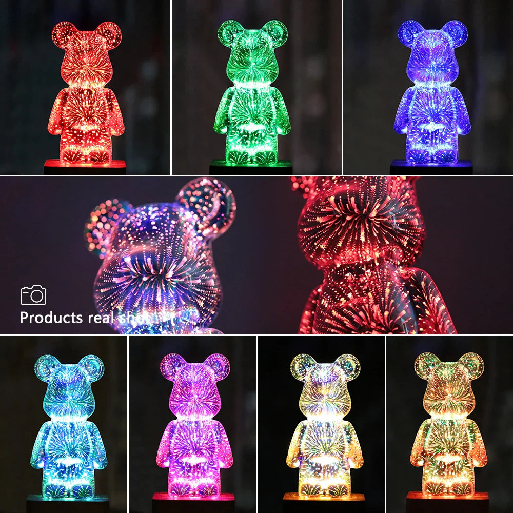 Afralia™ 3D Firework Bear Night Light - Color Changeable LED Lamp for Bedroom & Kids Gift