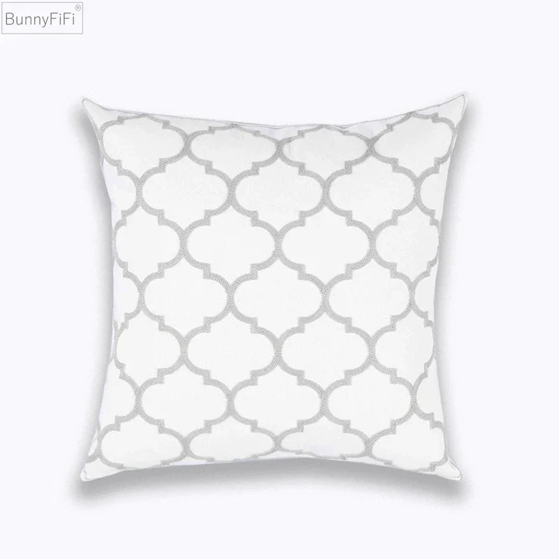 Afralia™ Geometric Embroidered Cushion Cover Light Grey Cotton 45x45cm