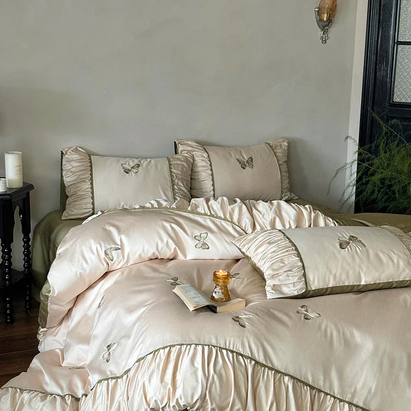 Afralia™ Butterfly Embroidery 1000TC Egyptian Cotton Bedding Set with Duvet Cover, Sheet, Pillowcases