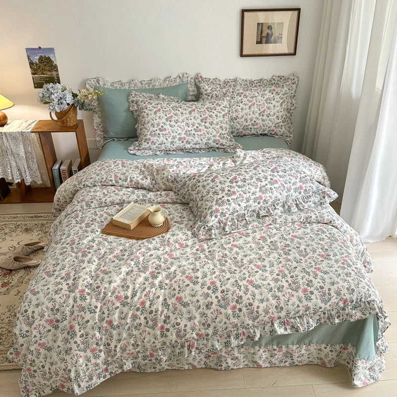 Afralia™ Floral Lace Ruffle Bedding Set, Fresh Flower Single Duvet Cover, 100% Cotton