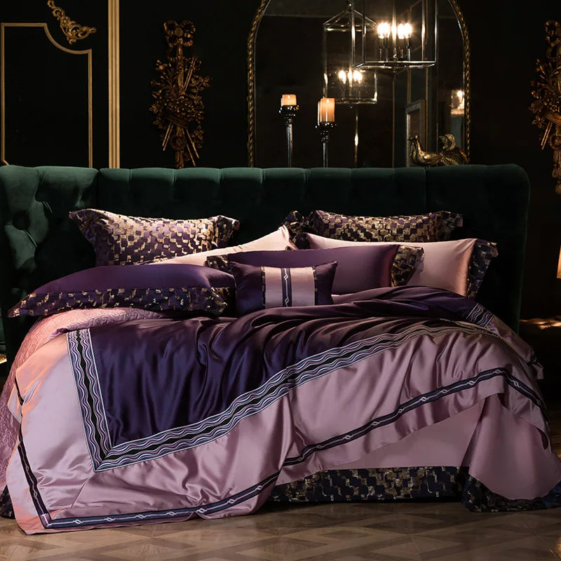 Afralia™ Svetanya 200S Embroidery Egyptian Cotton Bedding Set King Queen Linens
