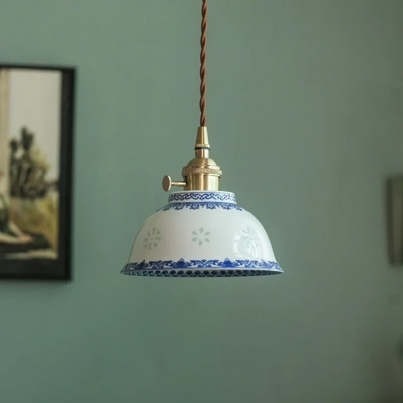 Afralia™ Patterned Ceramic LED Pendant Lamps Vintage Copper Hanging Light for Dining Living Room