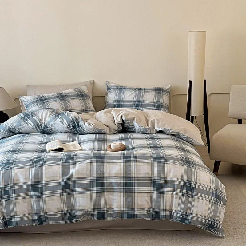 Afralia™ Soft Cotton Grid Printed Bedding Set for Single/Double Bed