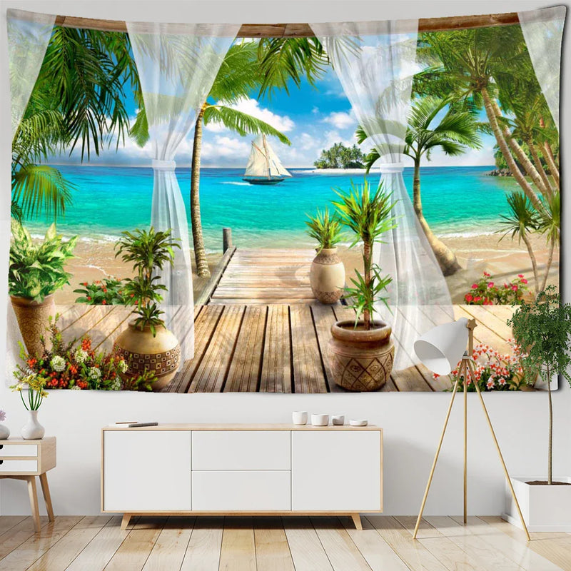 Beach Plank Path Tapestry - Afralia™ Tropical Landscape Art for Minimalist Room Decor