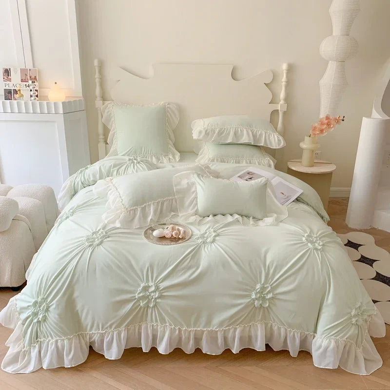 Afralia™ Lace Princess Bedding Set: Romantic Ruffles & Bow Duvet Cover, Sheet, Pillowcases