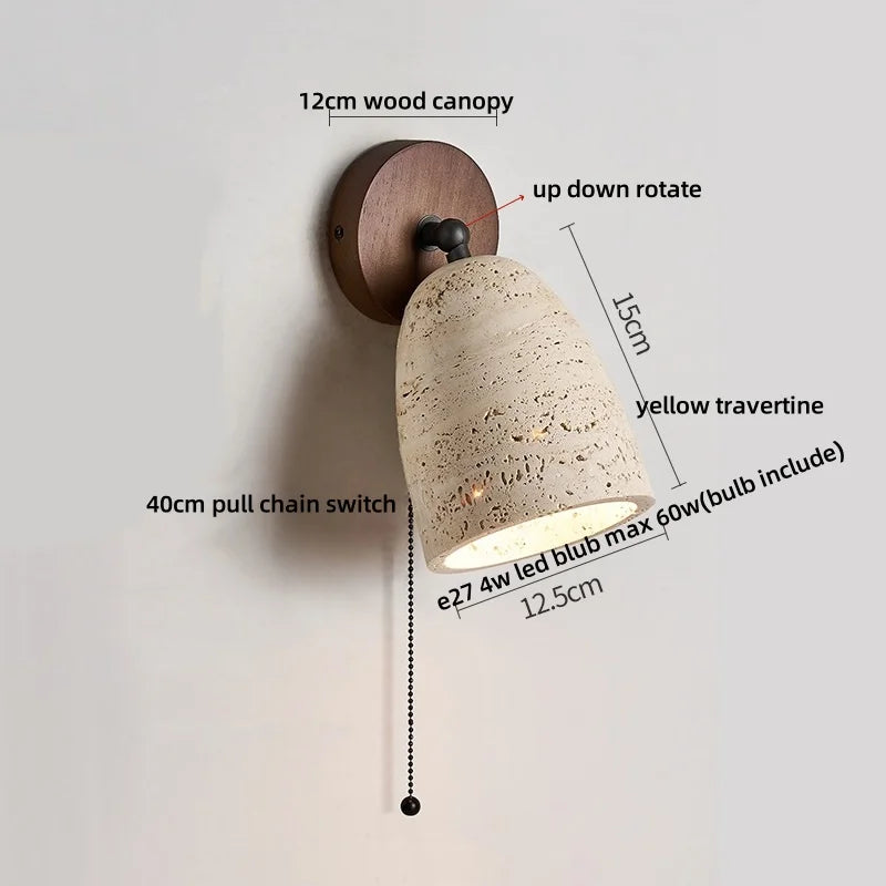 Afralia™ Yellow Travertine LED Wall Lights with Pull Chain Switch, Modern Rotate Bedside Lamp