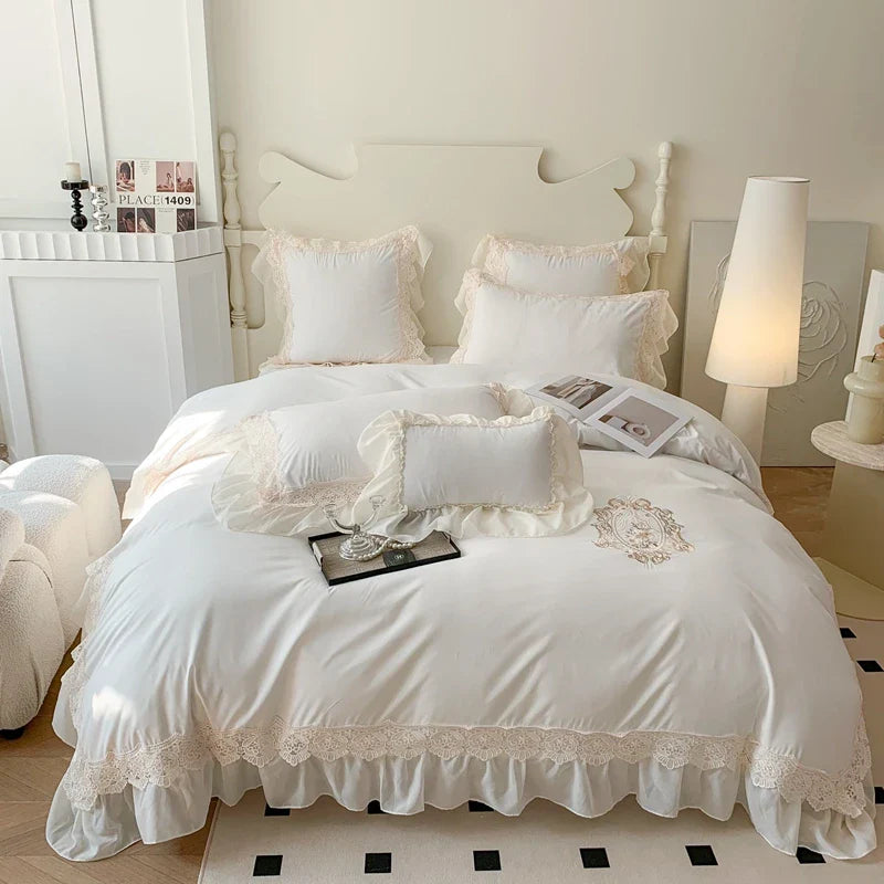 Afralia™ Matcha Green French Chiffon Lace Queen Bedding Set with Ruffles & Embroidery