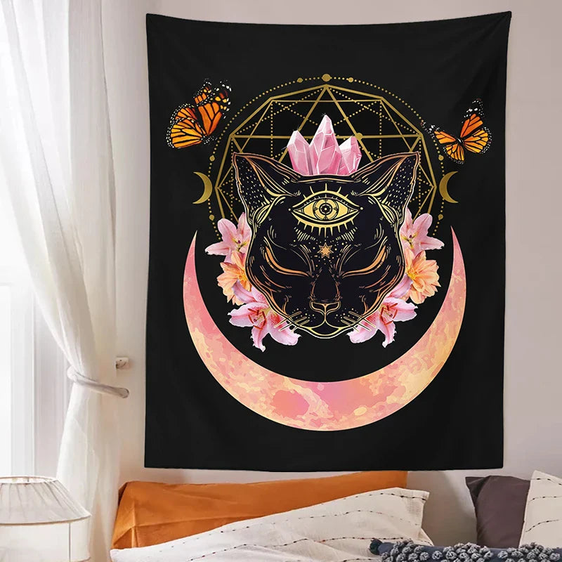 Afralia™ Cat Witch Moon Star Tapestry Wall Hanging - Trippy Psychedelic Wall Decor