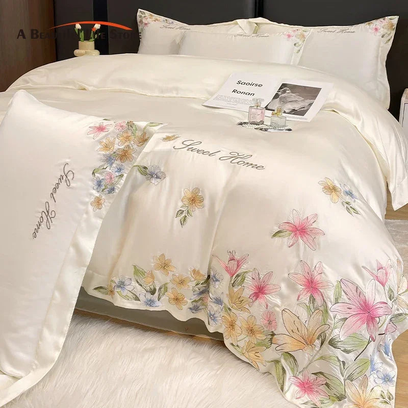 Afralia™ Flowers Embroidery Silky Duvet Set with Comforter Cover & Fitted Sheet