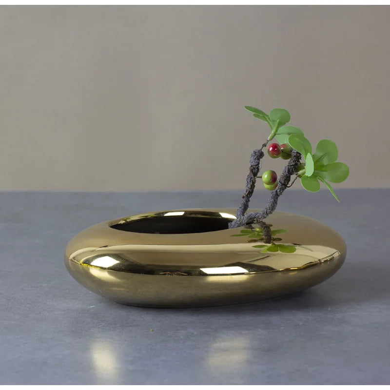 Afralia Silver Cobblestone Ceramic Vase Geometric Oval Flower Pot Home Decor