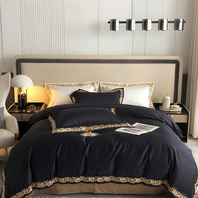 Afralia™ Luxury Black Gold Embroidery Bedding Set - Queen King Size Bed Linen Pillowcases