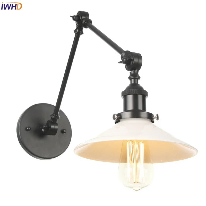 Afralia™ Black Vintage Wall Lamp White Glass Industrial Swing Arm Adjustable Bedside