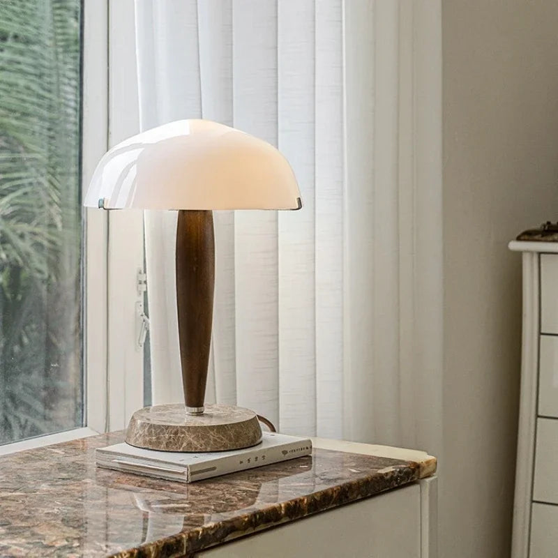 Afralia™ SHY3 Walnut Wood Desk Lamp Glass Shade Marble Base Table Light