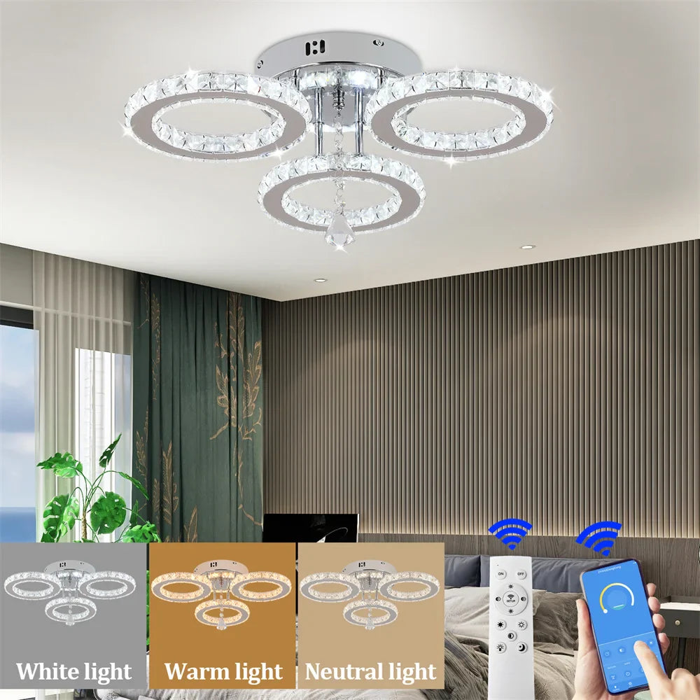 Afralia™ Crystal Flush Mount Chandelier: App Dimmable Rings Shape Ceiling Light