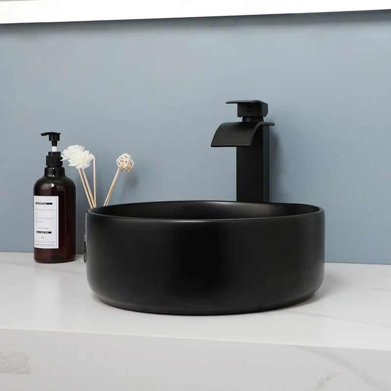 Afralia™ Matte Black Ceramic Basin Faucet Set with Waterfall Outlet and Drainer