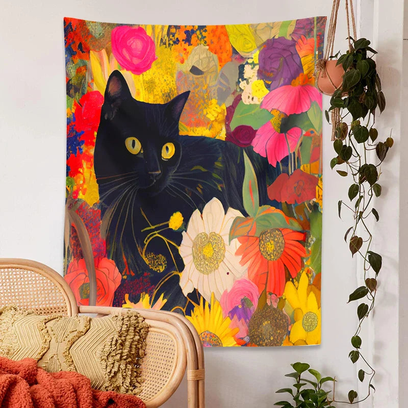 Afralia™ Cat Print Poster: Funny Black Cat in Floral Bouquet - Boho Home Decor