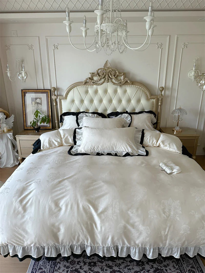 Afralia™ Vintage French Ruffles Black Edge Rose Jacquard Bedding Set & Sheet Set