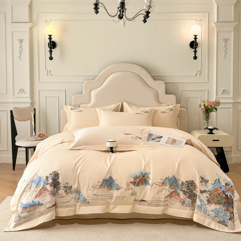 Afralia™ Mountain River Landscape Embroidery Bedding Set - Duvet Cover, Bed Sheet, Pillowcases