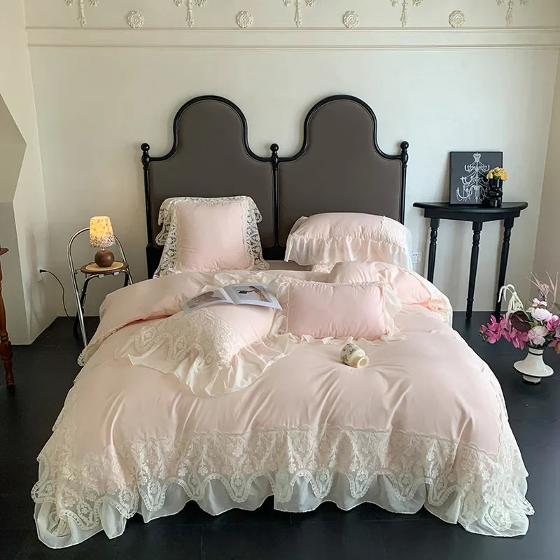 Afralia™ Romance Lace Ruffles Bedding Set 4Pcs, 200x230cm, Princess Wedding Theme