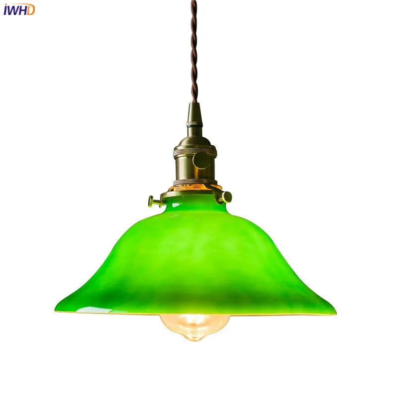 Afralia™ Green Glass LED Pendant Light for Home Decor & Restaurant Vintage Lighting