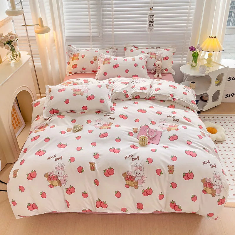 Afralia™ Heart Print Solid Color Bedding Set: Duvet Cover, Sheet, Pillowcases for Single Double Bed