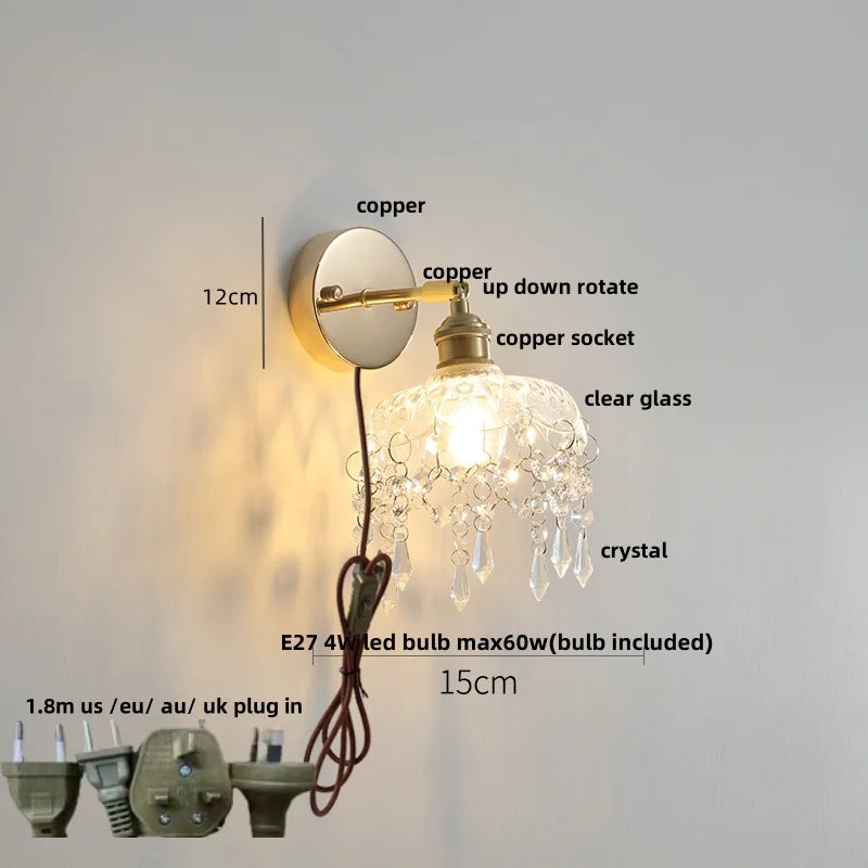 Afralia™ Rotatable LED Wall Sconce Clear Glass Reading Lamp with Pull Chain Switch