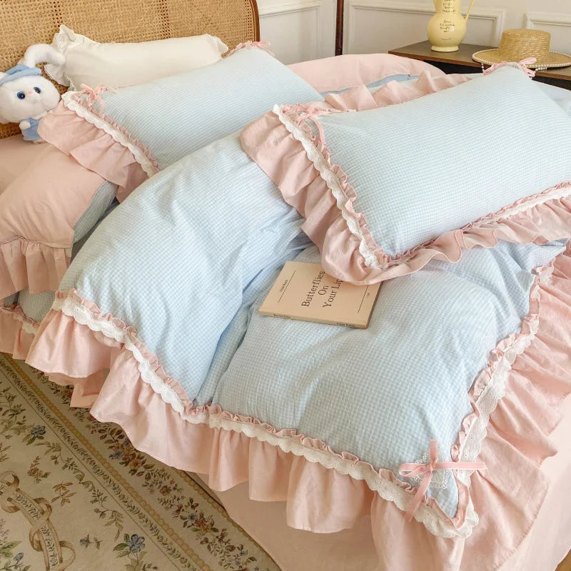 Afralia™ Blue Pink Lattice Bedding Set: Princess Ruffles Bow, 100% Cotton Quilt Cover, Sheet, Pillowcases